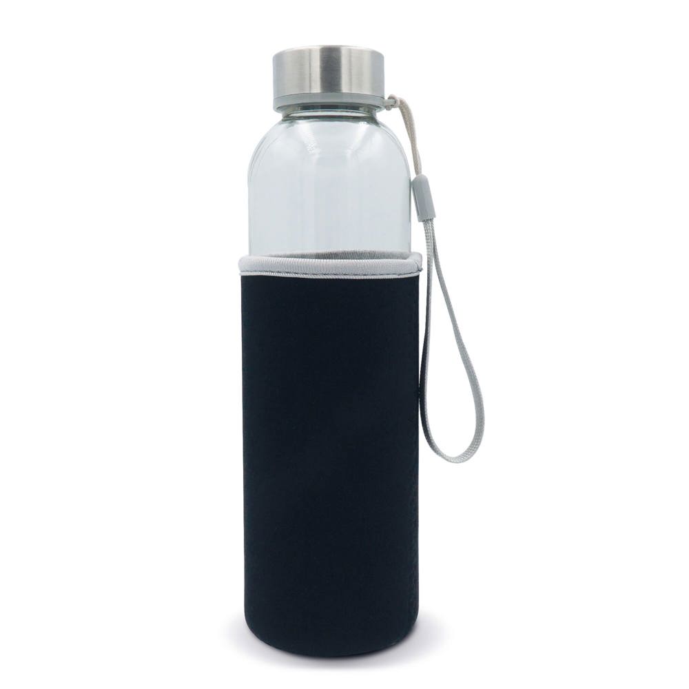 Waterfles glas met sleeve 500ml - bedrukt of onbedrukt verkrijgbaar - Transparant / Zwart