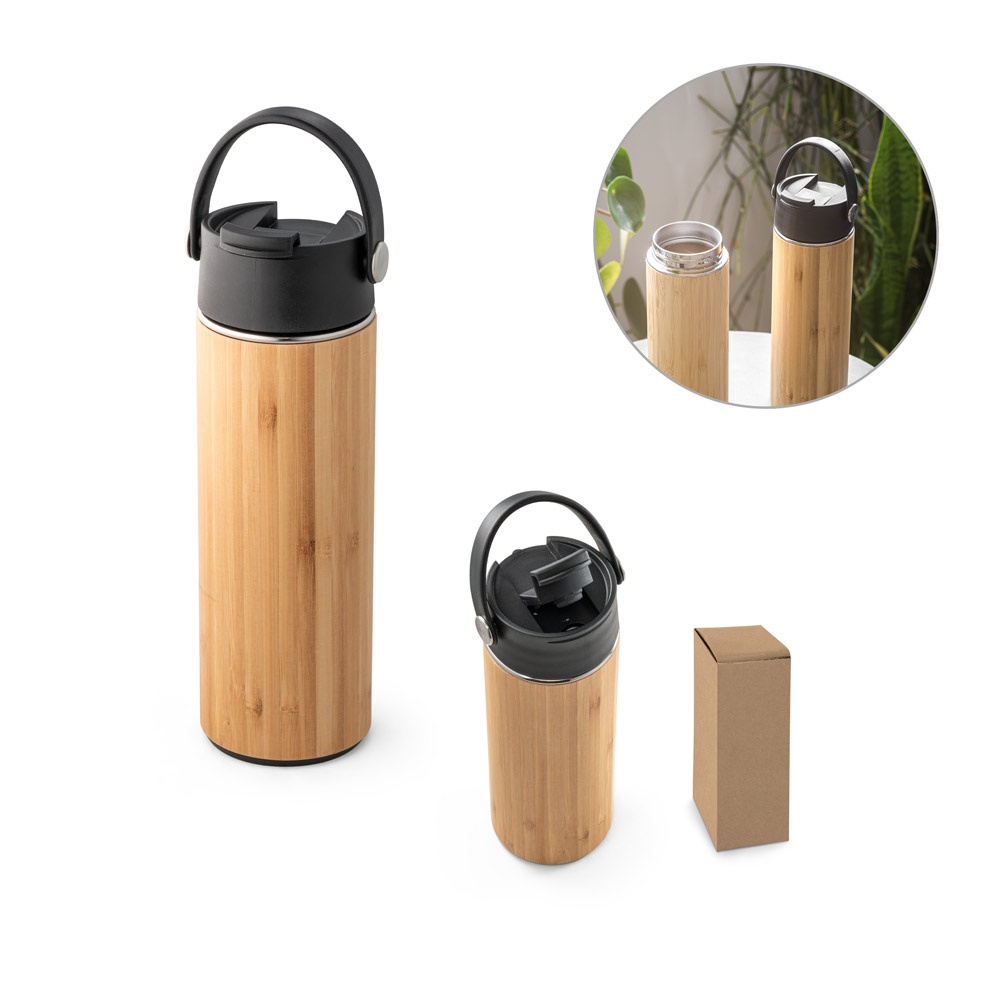 LAVER. Thermosfles in bamboe, roestvrij staal en PP 440 mL - met logo of onbedrukt bestellen