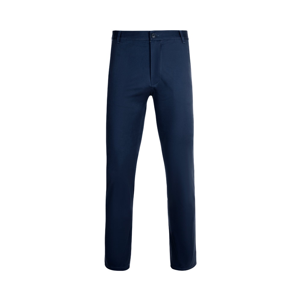 VL VISHNU. Uniseks stretch chinobroek (260g/m²) van katoen (98%) en elastaan (2%) - met logo of onbedrukt - marineblauw