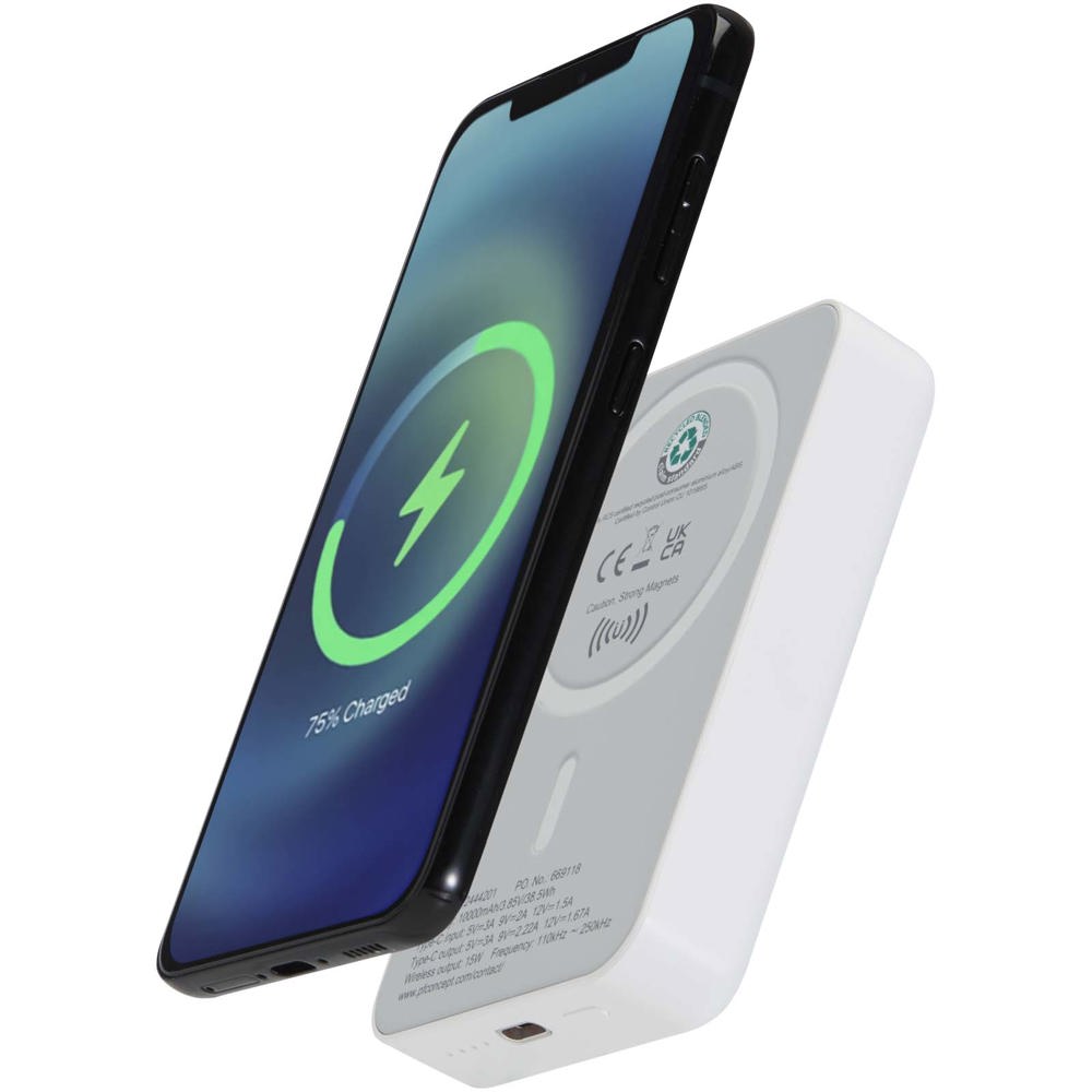 Acrab magnetische draadloze powerbank van 10.000 mAh 15 W met 20 W PD van gerecycled plastic - bedrukt of