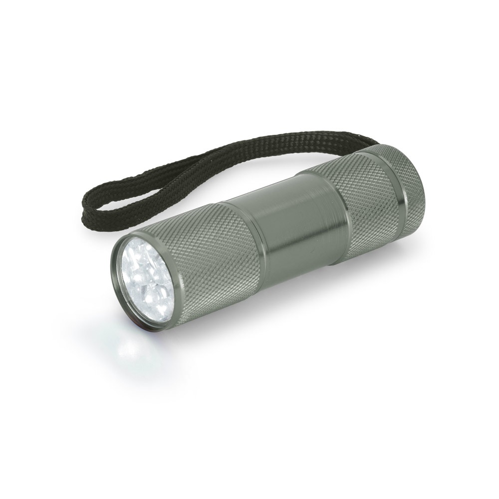 FLASHY. Aluminium zaklamp met 9 LED's en handvat - met logo of onbedrukt bestellen - gun metal