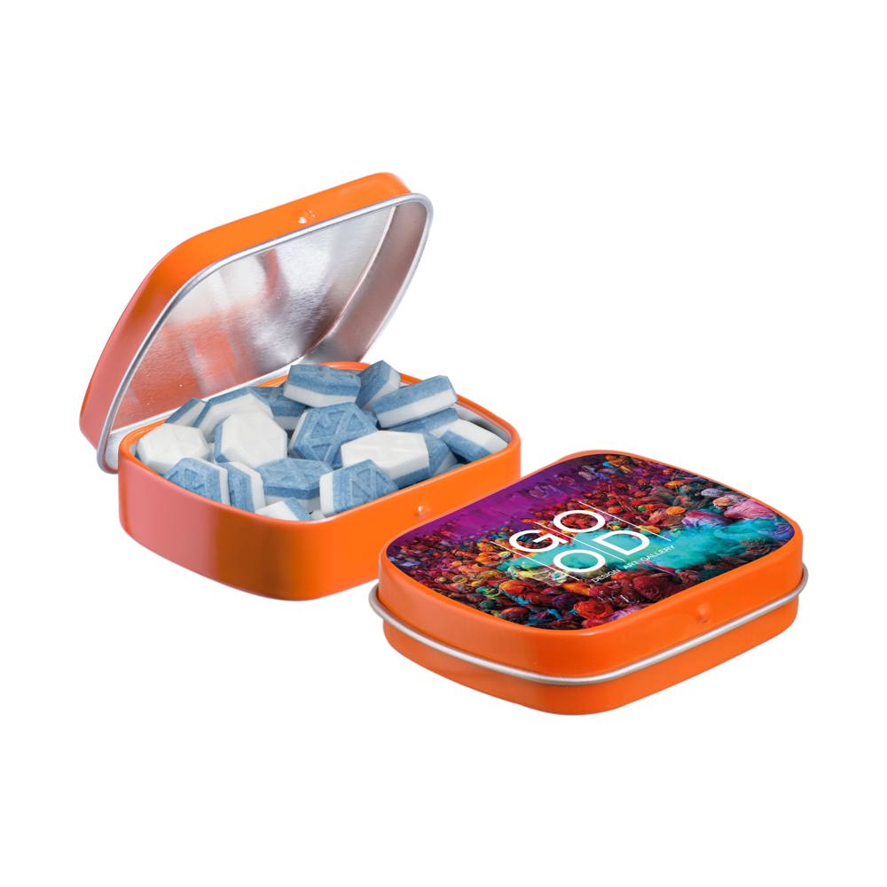 Mini scharnierblikje gevuld met pepermunt - kopen of bedrukken - Oranje