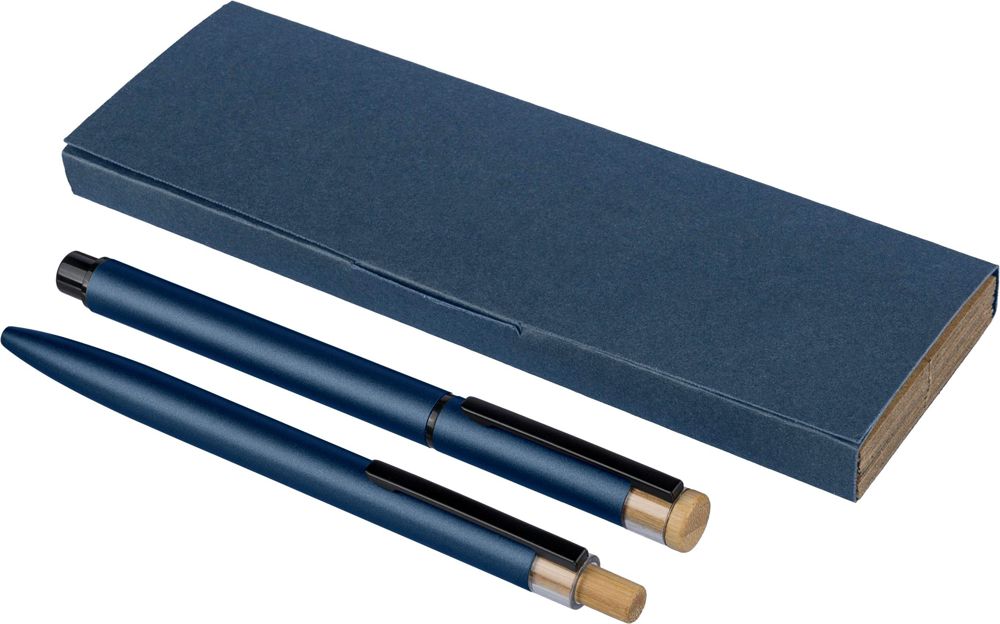 Gerecycled aluminium luxe schrijfset 2-delig Ilaria - bedrukt of onbedrukt verkrijgbaar - Blauw