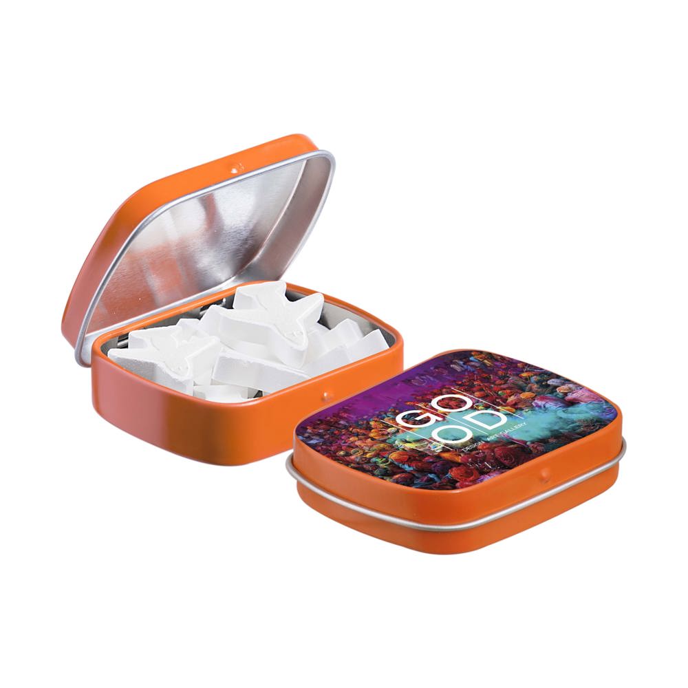 Mini scharnierblikje met vorm pepermunt - voor bedrijven en relatiegeschenken - Oranje