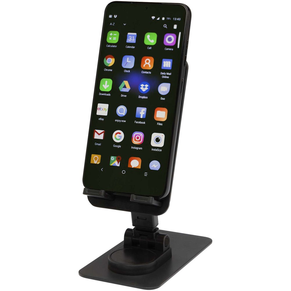 Alhena opvouwbare telefoonhouder van gerecycled plastic met metalen bureaustandaard - met logo of onbedrukt