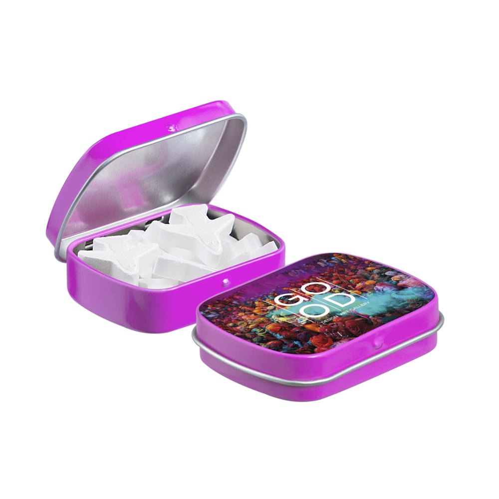 Mini scharnierblikje met vorm pepermunt - voor bedrijven en relatiegeschenken - fuchsia