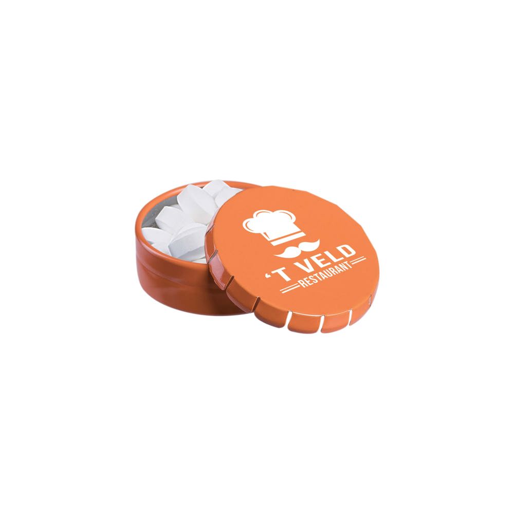 Super mini clic-clac blikje gevuld met pepermunt - kopen of bedrukken - Oranje