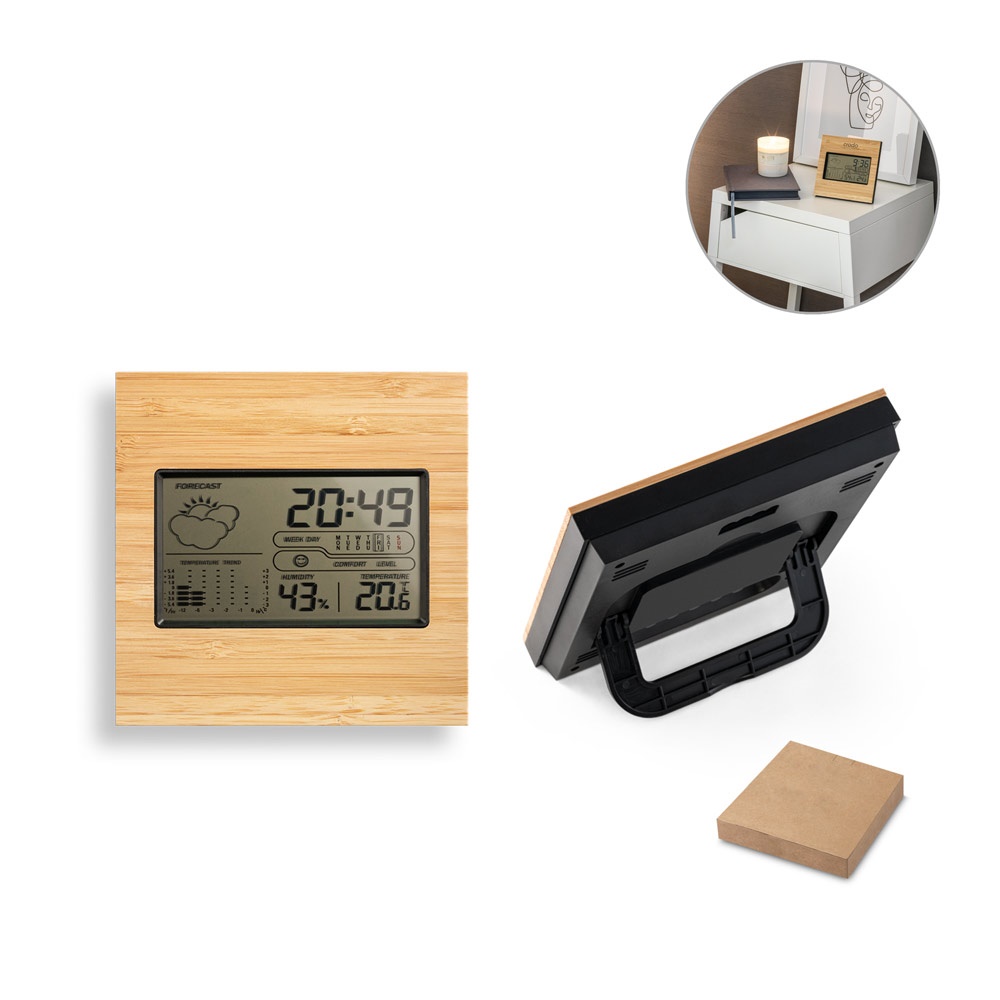 BROMLEY. Desktop weerstation met LCD scherm in ABS en bamboe - met logo of onbedrukt bestellen
