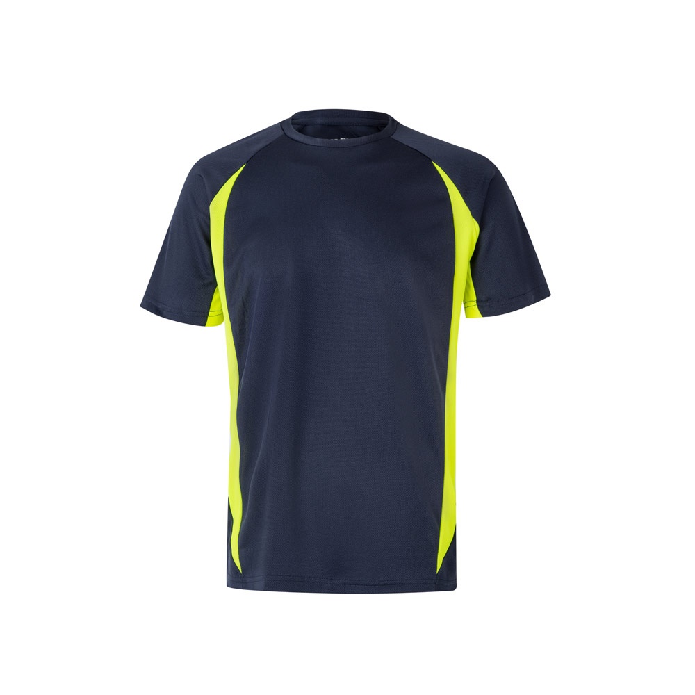 VL SLAYER. Tweekleurig technisch T-shirt met vogeloogjes (160g/m²) van polyester (100%) - bedrukt of onbedrukt - Marineblauw, Geel