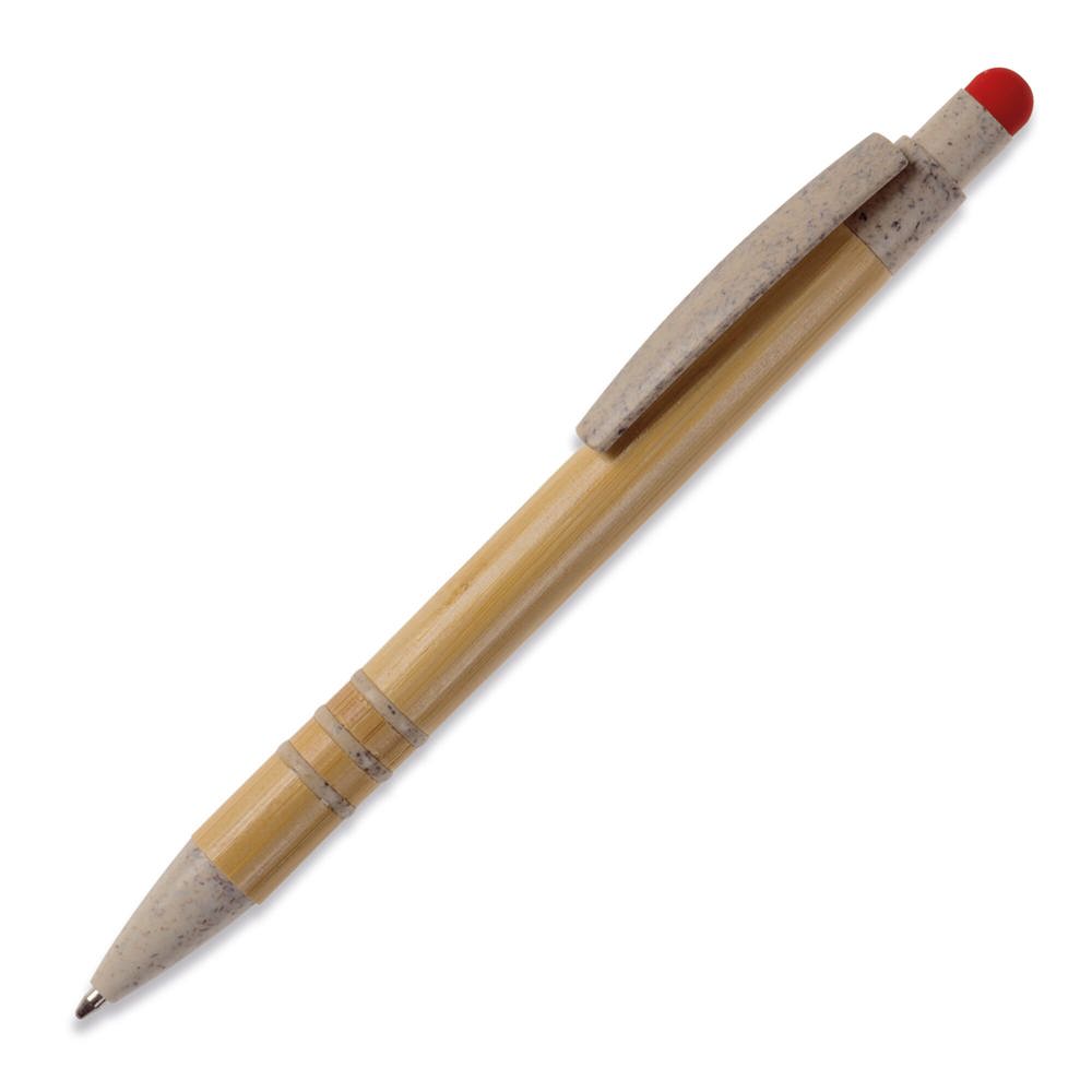 Balpen bamboe en tarwestro met stylus - met logo of onbedrukt bestellen - Beige / Rood