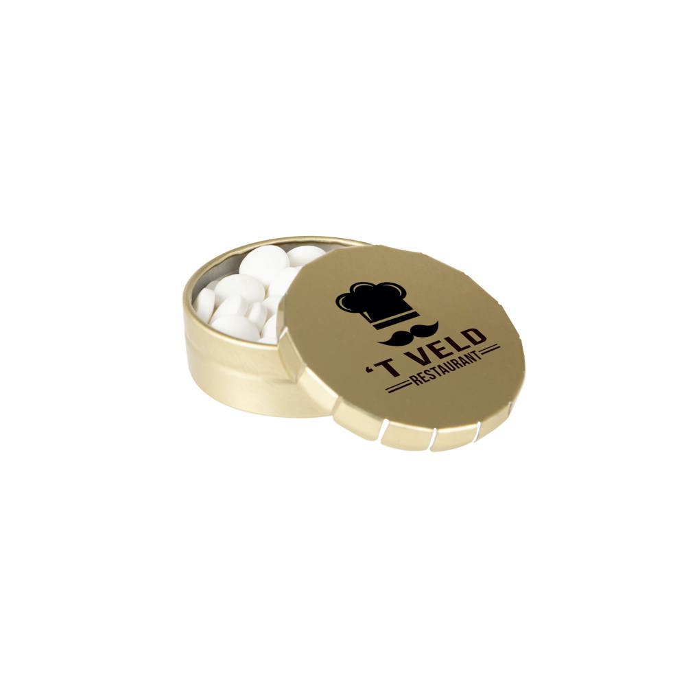 Super mini clic-clac blikje gevuld met pepermunt - kopen of bedrukken - Goud