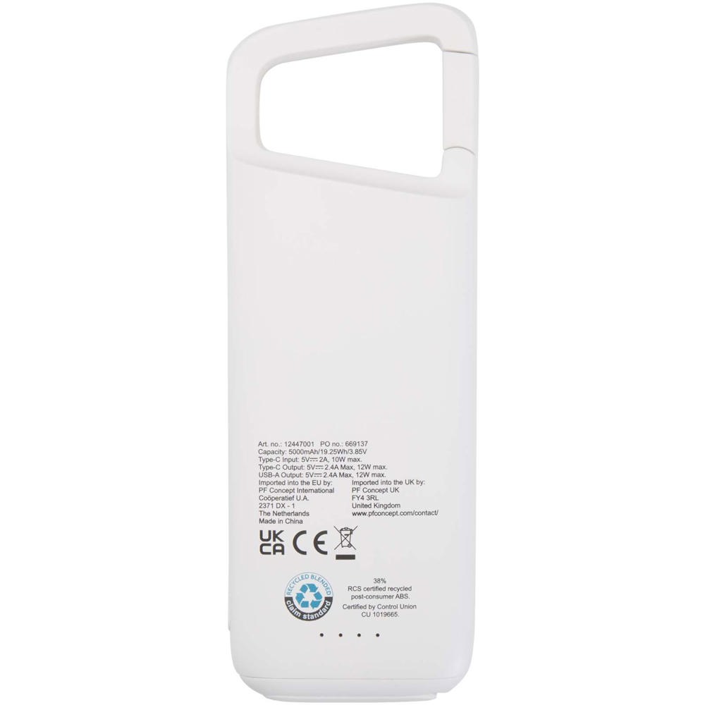 Alkes waterbestendige powerbank van 5000 mAh 12 W van gerecycled plastic met karabijnhaak
