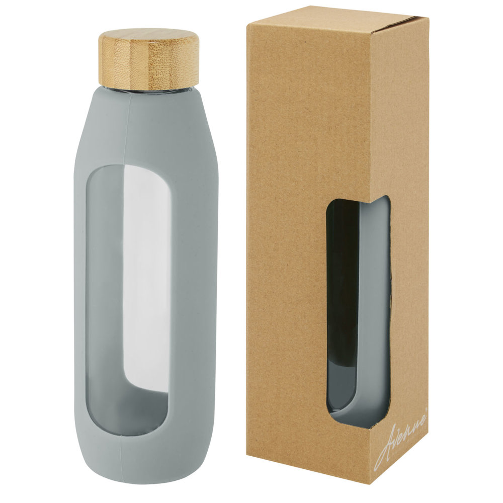 Tidan fles van 600 ml in borosilicaatglas met siliconen grip - bedrukt of onbedrukt verkrijgbaar - Grijs