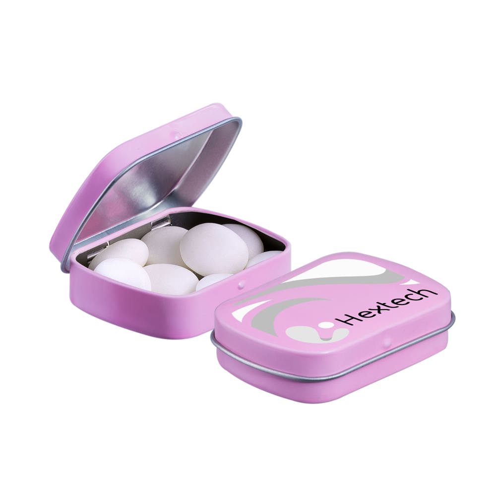 Mini scharnierblikje met Mentos mints - voor bedrijven en relatiegeschenken - roze