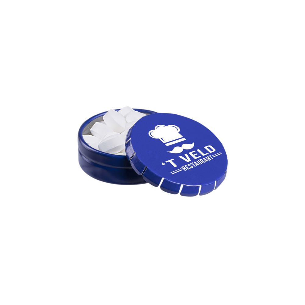 Super mini clic-clac blikje gevuld met pepermunt - kopen of bedrukken - blauw