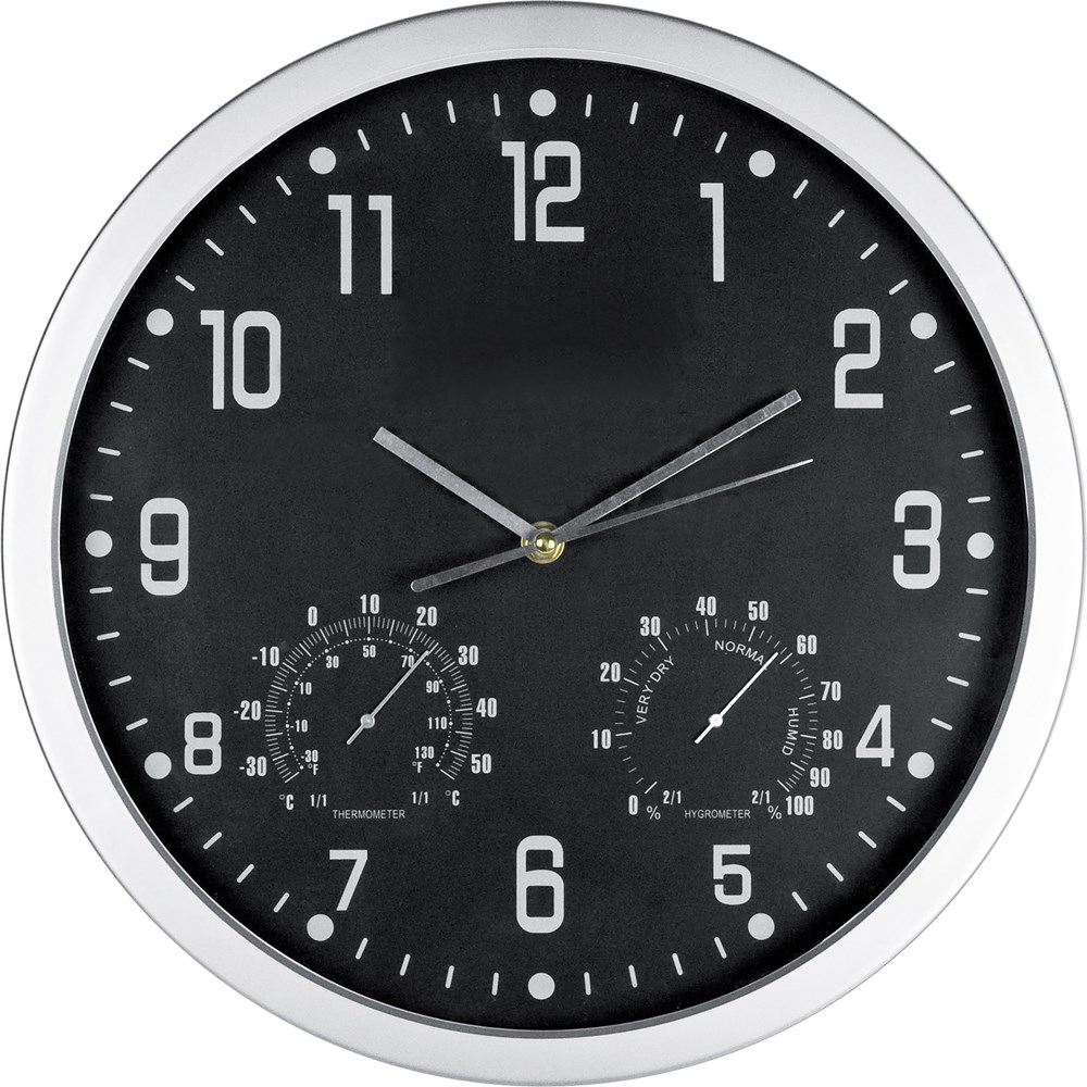 Wandklok met thermometer en hygrometer - kopen of bedrukken - Zwart