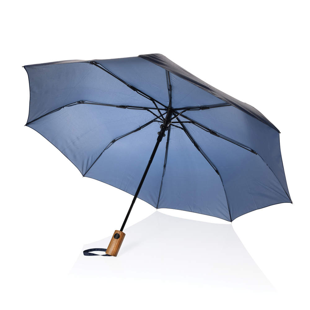 Kaycey 21" AWARE™ RPET Acaciahouten mini auto open paraplu - bedrukt of onbedrukt verkrijgbaar - donkerblauw (± PMS 4280C)