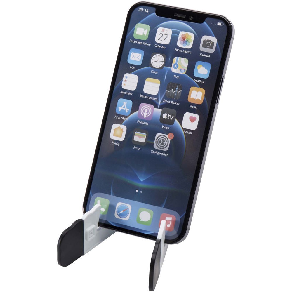 Buna opvouwbare standaard voor tablet en telefoon van gerecycled plastic - met logo of onbedrukt bestellen - Wit