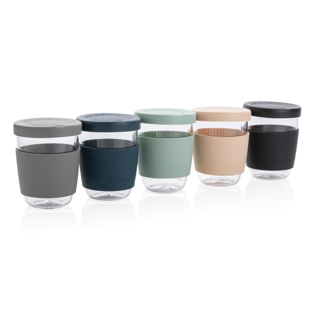Ukiyo borosilicaat glas met siliconen deksel en sleeve - bedrukt of onbedrukt verkrijgbaar
