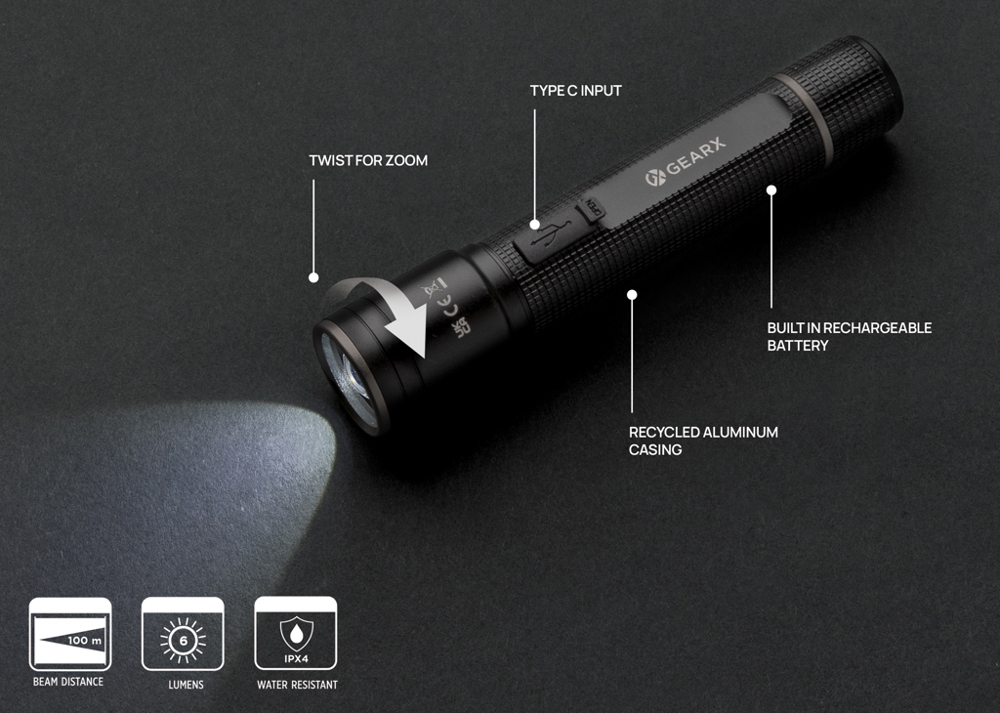 Gear X RCS gerecycled aluminium USB-oplaadbare zaklamp
