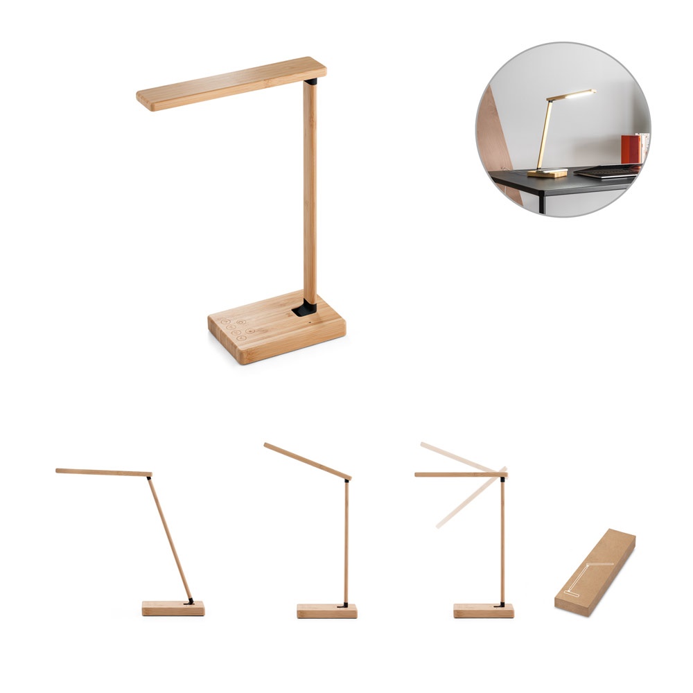 MOREY. Inklapbare bureaulamp met 15W supersnelle draadloos oplader in bamboe - voor bedrijven en