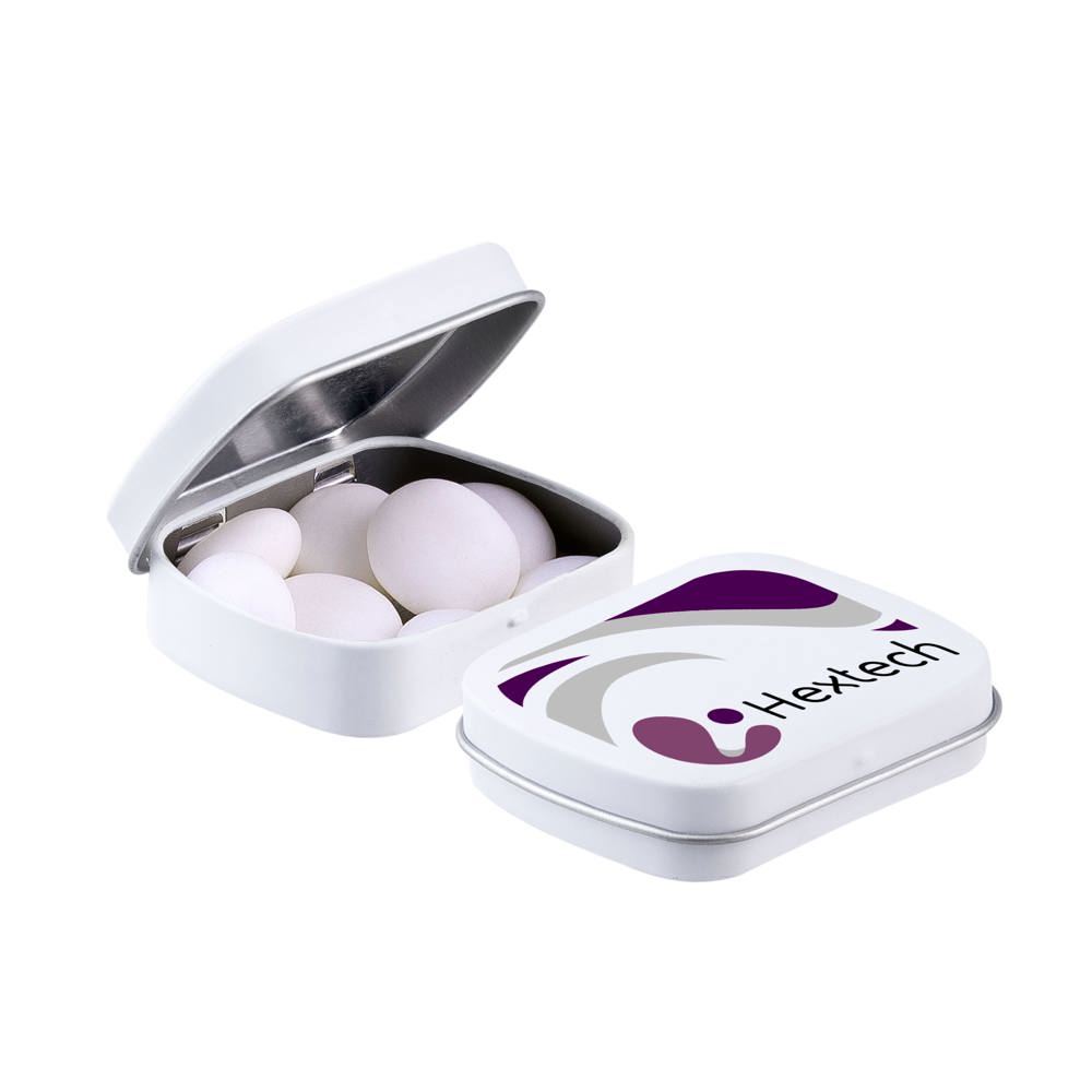 Mini scharnierblikje met Mentos mints - voor bedrijven en relatiegeschenken - Mat wit