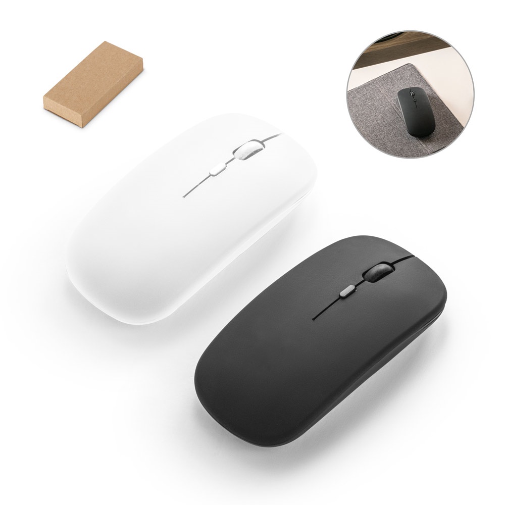 KHAN. Draadloze muis met 500mAh batterij uit gerecycled ABS (100% rABS) - met logo of onbedrukt bestellen