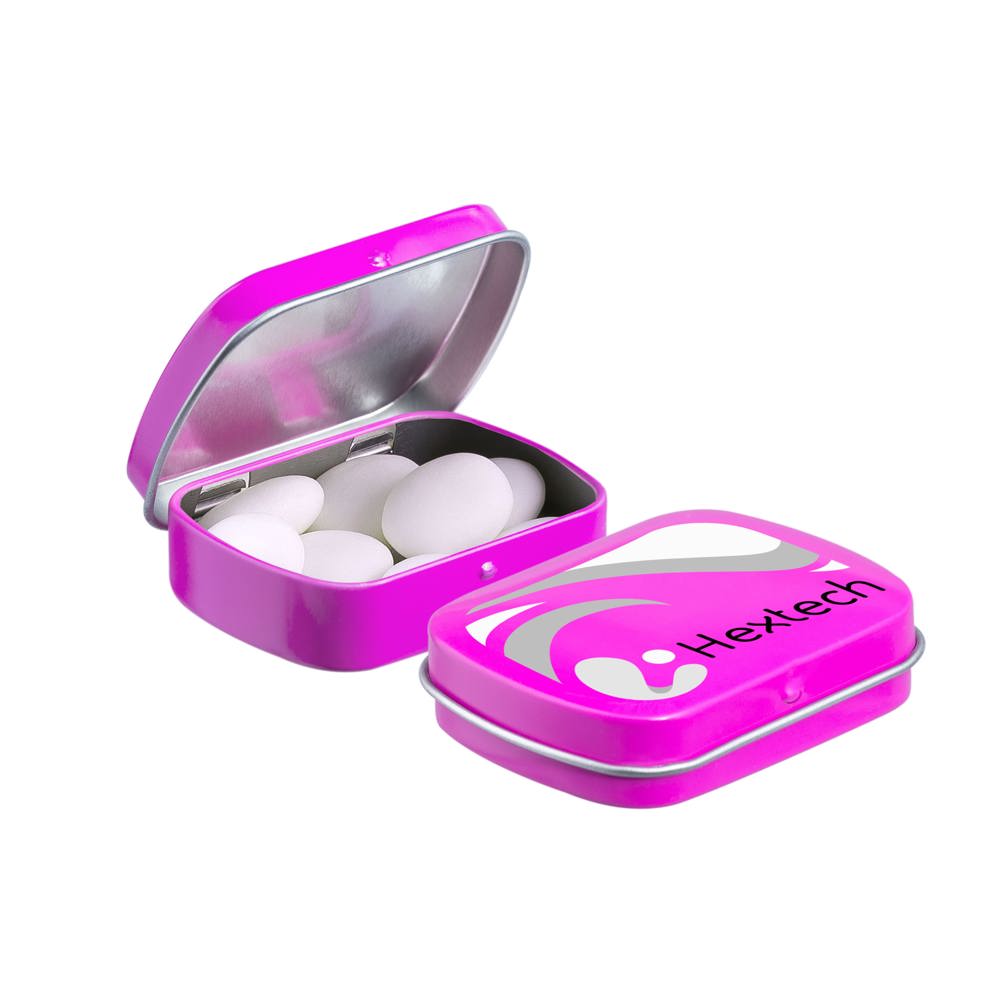 Mini scharnierblikje met Mentos mints - voor bedrijven en relatiegeschenken - fuchsia