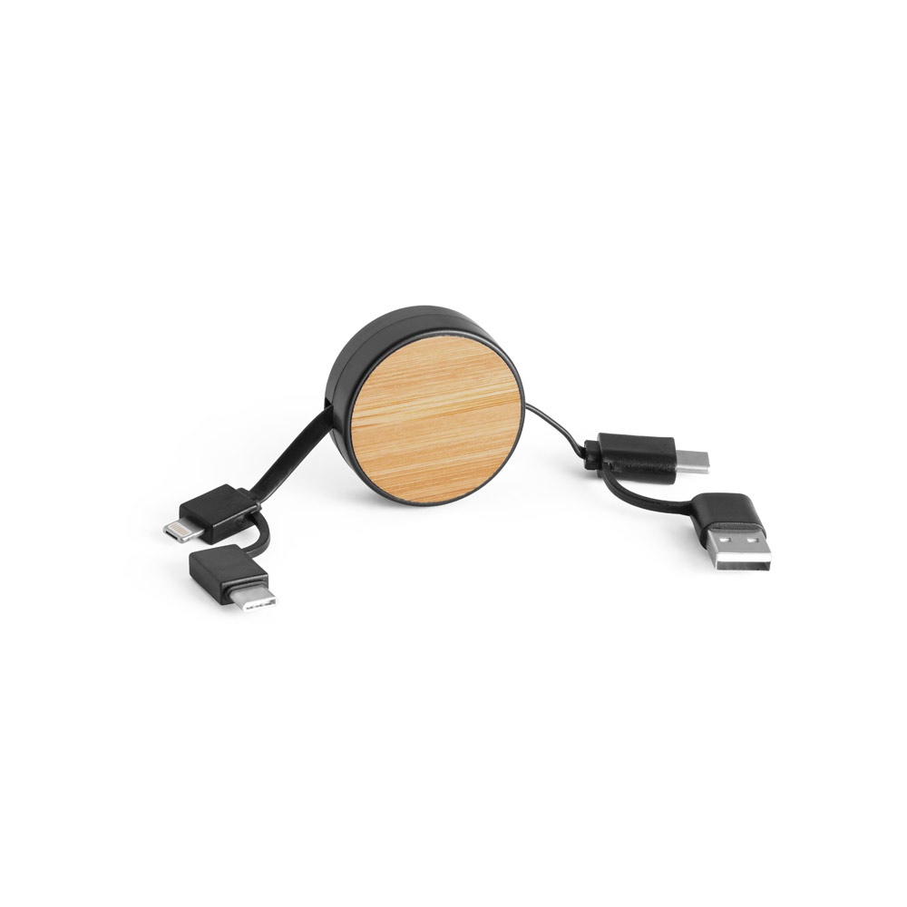 RUBINS. 6-in-1 intrekbare USB-kabel van gerecycled ABS (100% rABS) en bamboe - met logo of onbedrukt bestellen - zwart