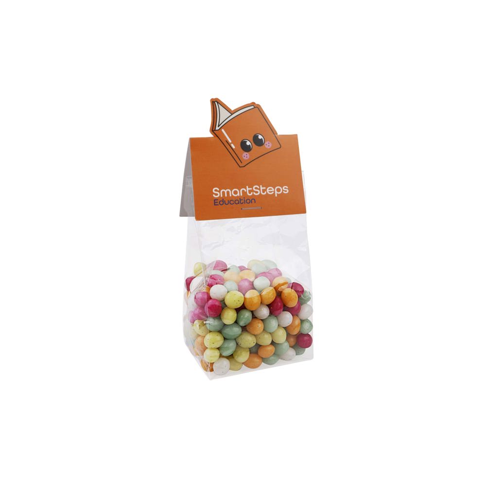 Blokzakje met kopkaartje in eigen vorm en 150 gram snoep - bedrukt of onbedrukt verkrijgbaar - Transparant/Wit