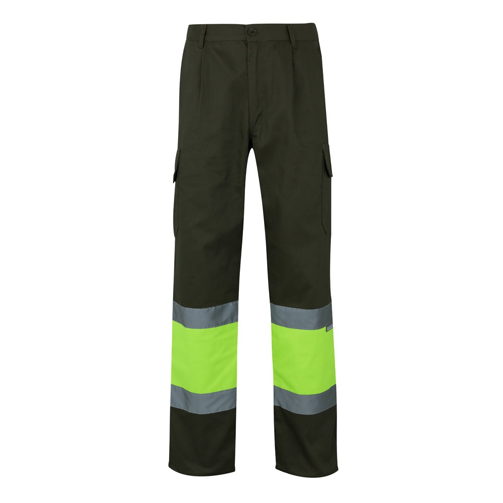 VL POSEIDON LARGE. Tweekleurige keperstof broek met meerdere zakken (210g/m²), van katoen (20%) en polyester - Olijfgroen, Geel