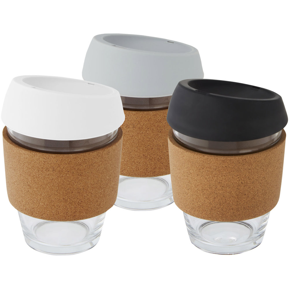 Lidan borosilicaat glazen beker van 360 ml met kurken grip en siliconen deksel
