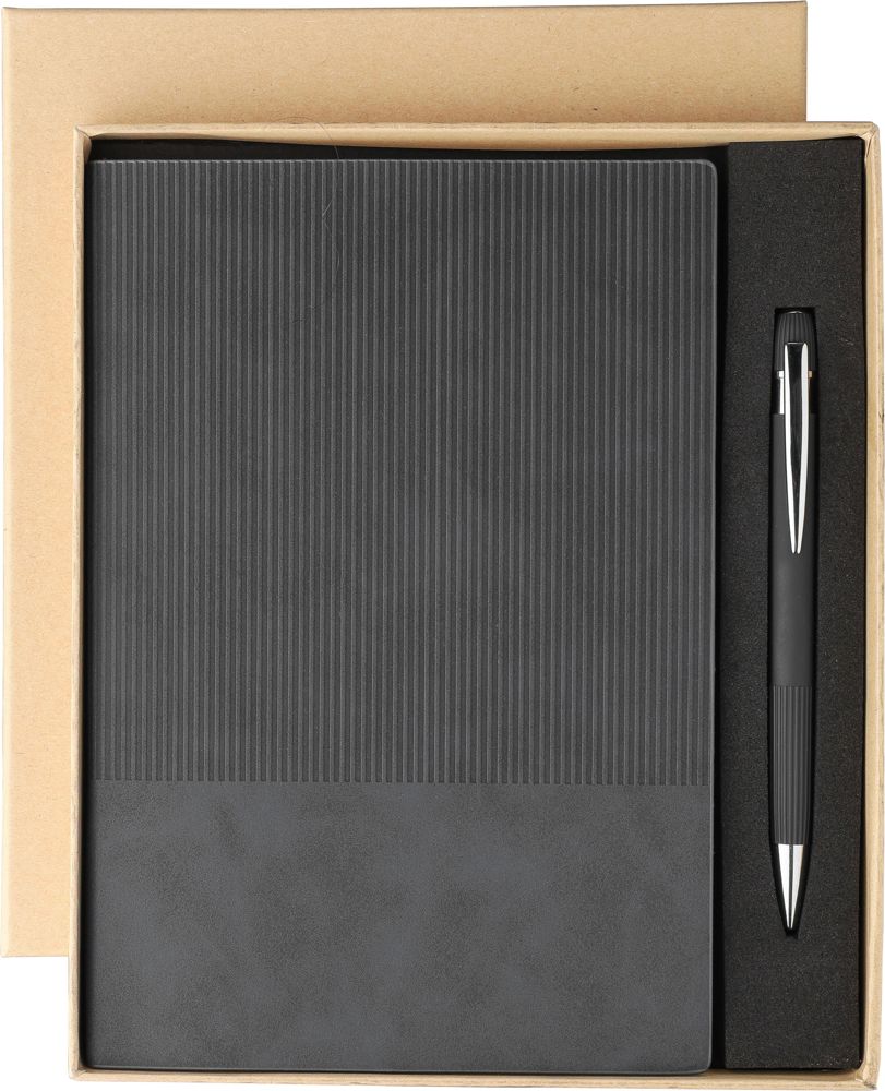 Gerecycled PU-notitieboek (A5) en balpenset Tarek - bedrukt of onbedrukt verkrijgbaar - Zwart