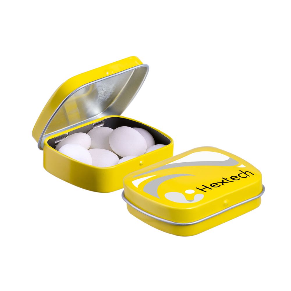 Mini scharnierblikje met Mentos mints - voor bedrijven en relatiegeschenken - Geel