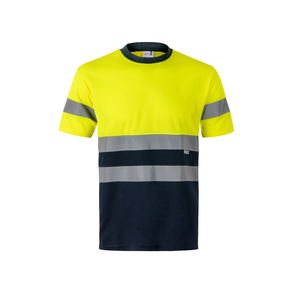 VL BRAHMA LARGE. Tweekleurig technisch bird-eye T-shirt (140g/m²) van polyester (100%) - voor bedrijven en - Marineblauw, Geel