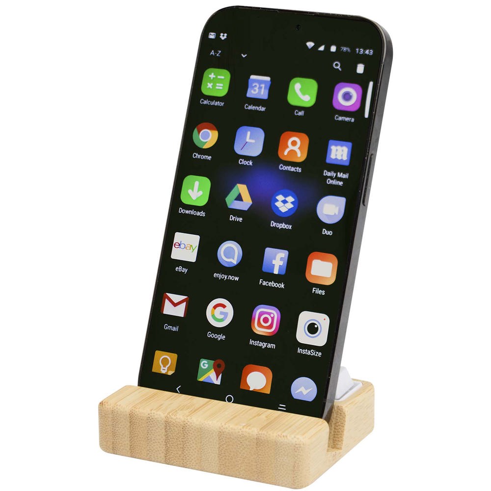 Algol telefoonstandaard en fidgetspeeltje van gerecycled plastic met bamboedetails - bedrukt of onbedrukt