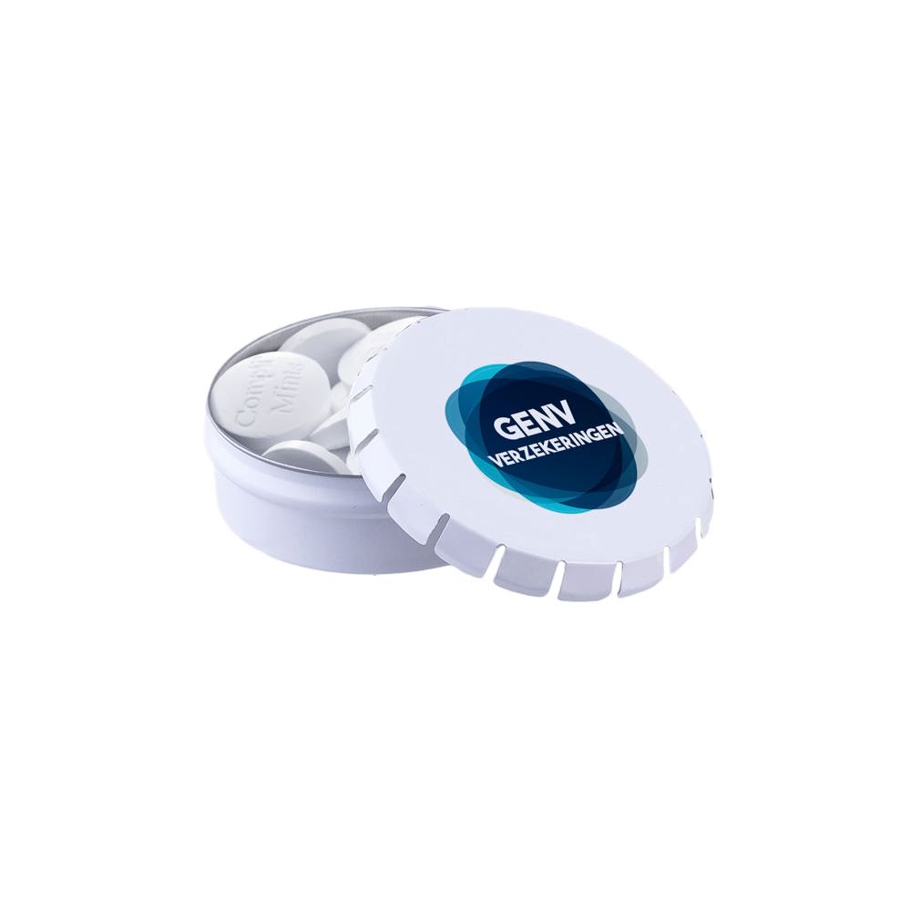 Mini clic-clac blikje met vorm pepermunt - met logo of onbedrukt bestellen