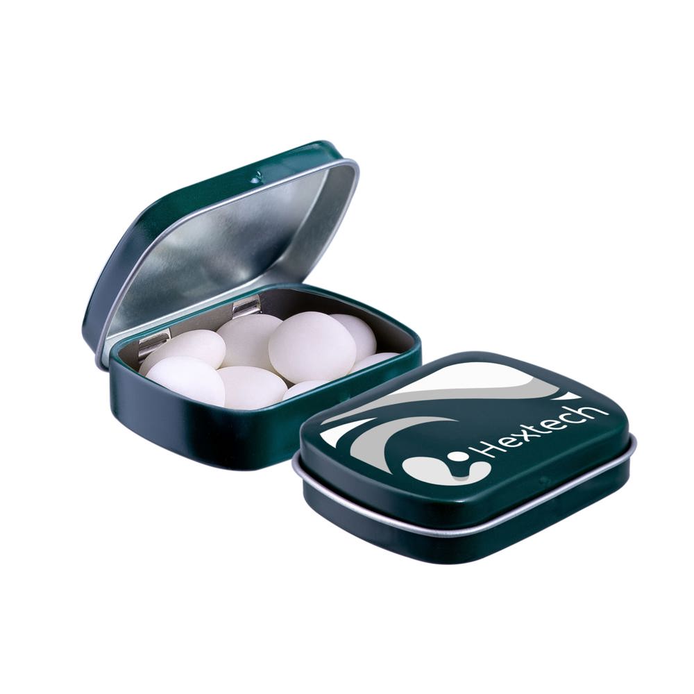 Mini scharnierblikje met Mentos mints - voor bedrijven en relatiegeschenken - Donkergroen