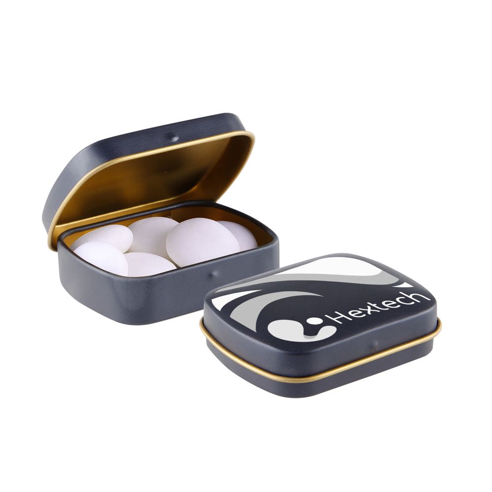 Mini scharnierblikje met Mentos mints - voor bedrijven en relatiegeschenken - Mat Donkerblauw/Goud