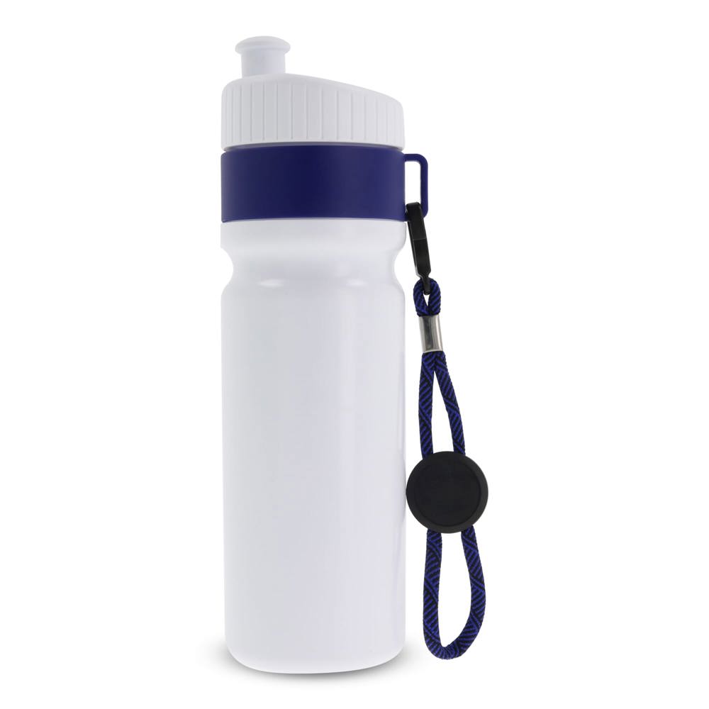 Sportbidon met rand en koord 750ml - met logo of onbedrukt bestellen - Wit / Donkerblauw