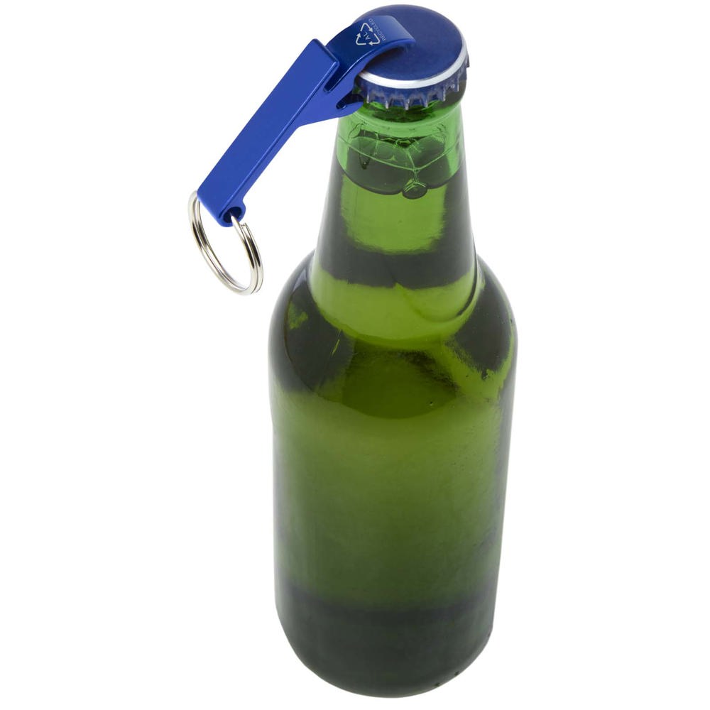 Tao fles- en blikopener van RCS gerecycled aluminium met sleutelhanger