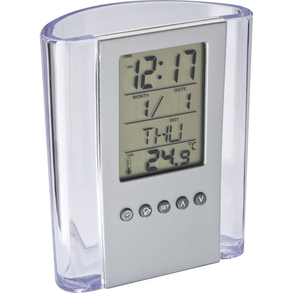 Acryl pennenhouder met klok, datum, dagaanduiding en thermometer - kopen of bedrukken