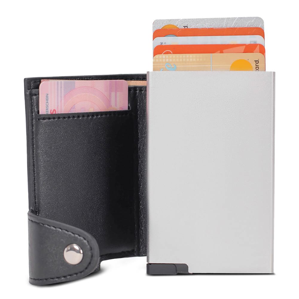 RFID kaarthouder met leerlook hoes - voor bedrijven en relatiegeschenken - Zwart / Zilver