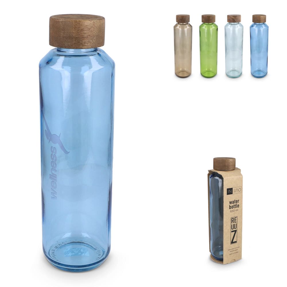 InSideOut Gerecyclede glazen Waterfles ReuuZ met houten dop 650 ml - voor bedrijven en relatiegeschenken