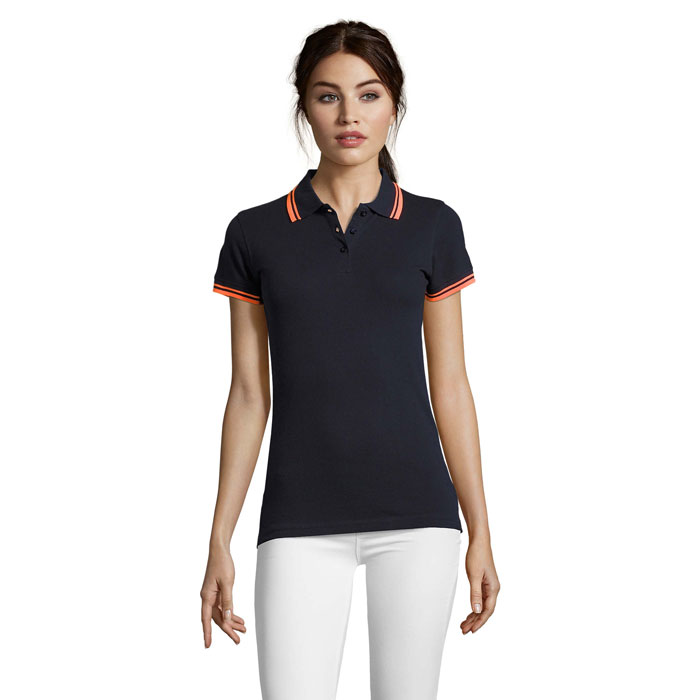 PASADENA WOMEN - PASADENA dames polo 200g - voor bedrijven en relatiegeschenken - Frans Marine/neon Oranje