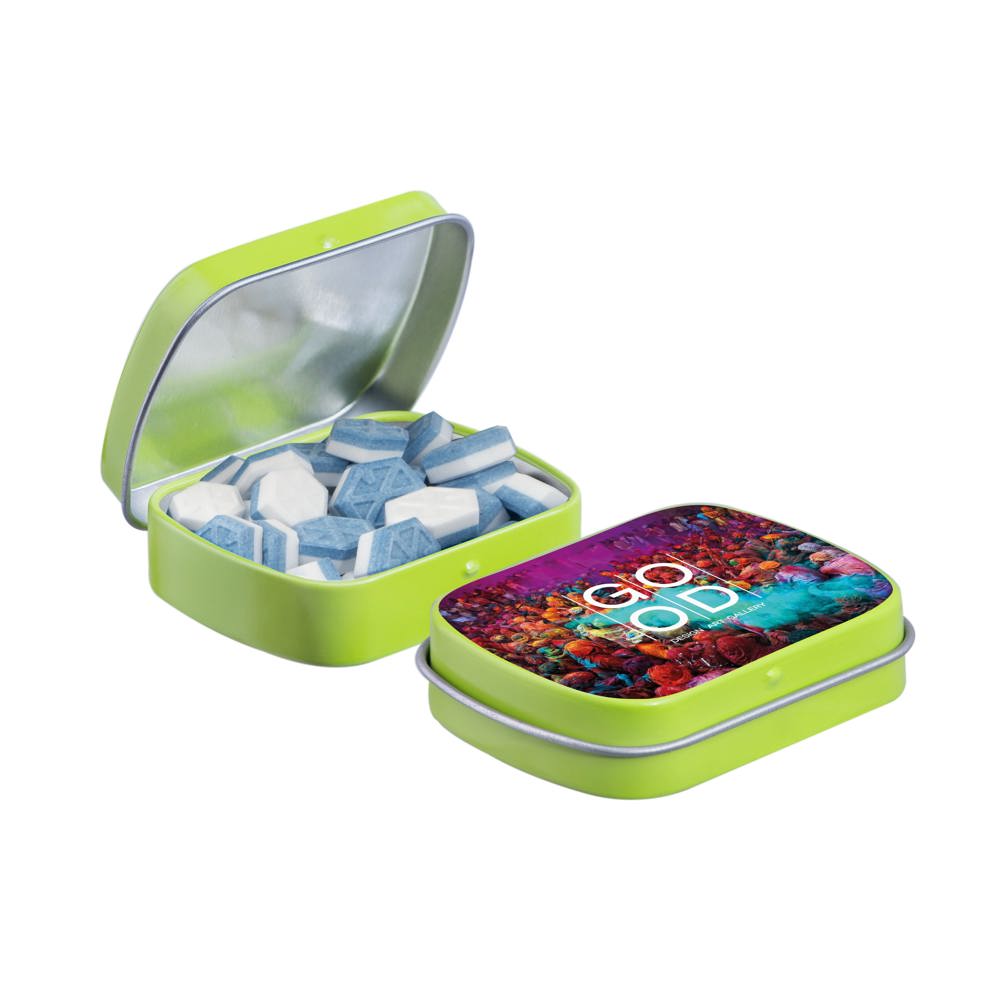 Mini scharnierblikje gevuld met pepermunt - kopen of bedrukken - lime