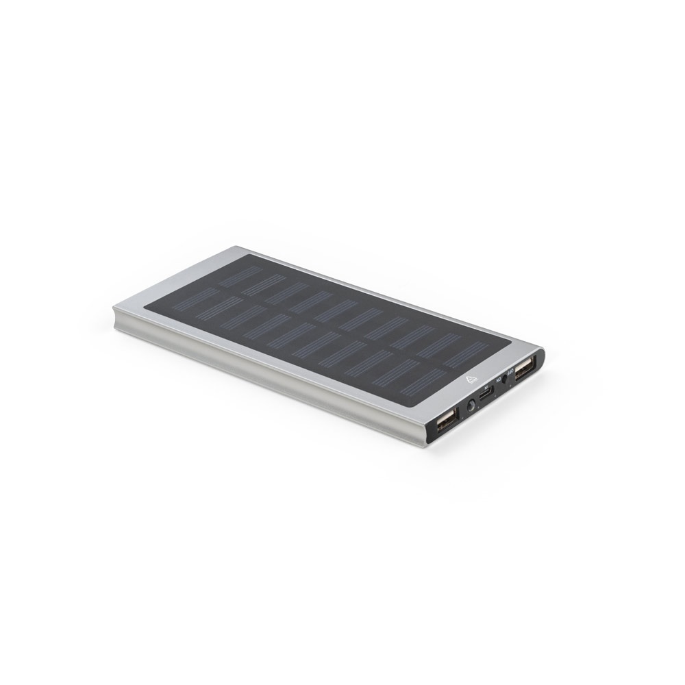 CLERK. 8'000 mAh powerbank met zonnepaneel van 100% gerecycled aluminium - bedrukt of onbedrukt verkrijgbaar - Satijn zilver