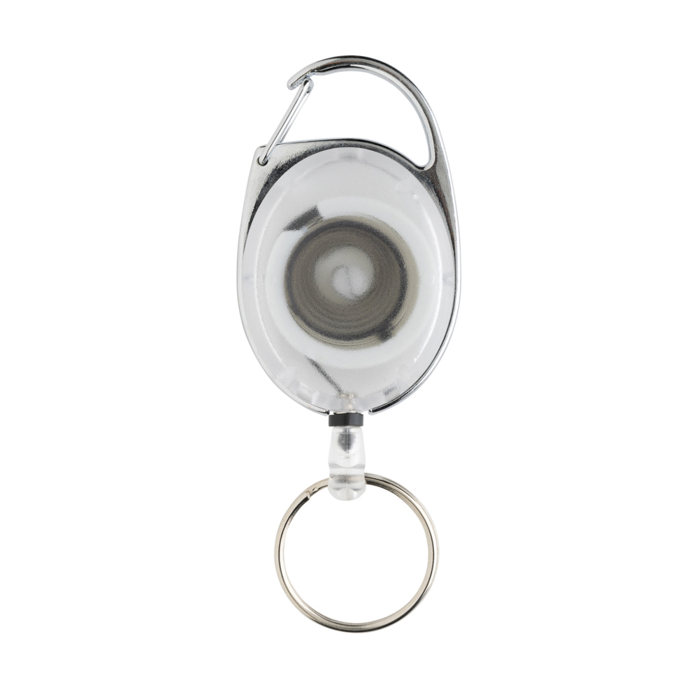 Roller clip sleutelhanger gemaakt van RCS gerecycled plastic - voor bedrijven en relatiegeschenken - wit (± PMS White)