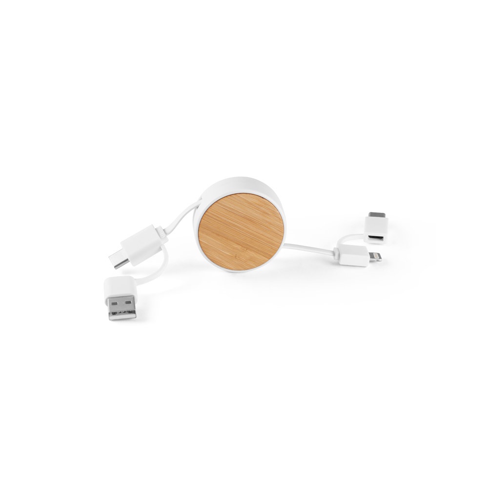 RUBINS. 6-in-1 intrekbare USB-kabel van gerecycled ABS (100% rABS) en bamboe - met logo of onbedrukt bestellen - wit