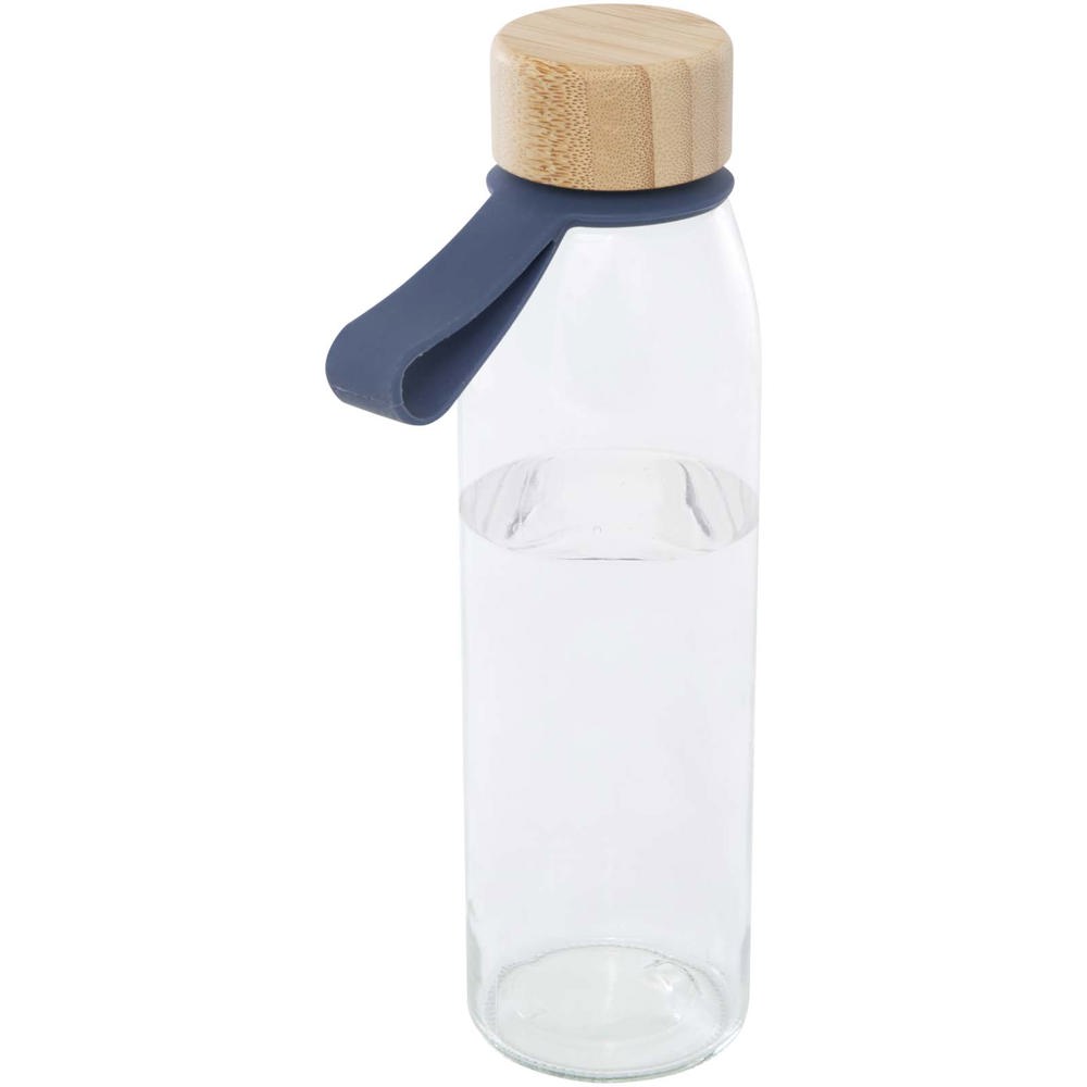 Porto 500 ml glazen waterfles met siliconen handgreep en bamboe deksel - met logo of onbedrukt bestellen - Oceaanblauw